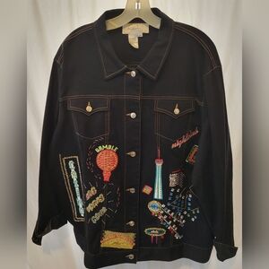 Diane Gilman Black Denim Embroidered Patch Jean Jacket Size 2x